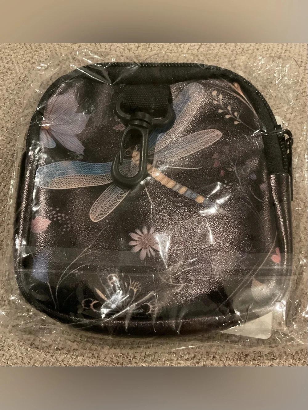 Dragonfly Floral Clip-On Cosmetic Pouch - Black